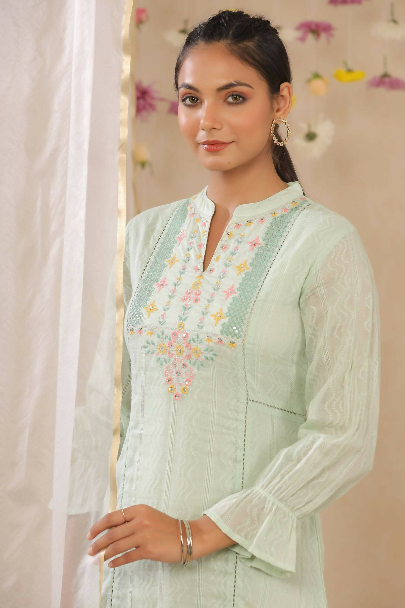 Juniper Women Sagegreen Cotton Dobby Woven Design A-Line Dress | Swadesiicart