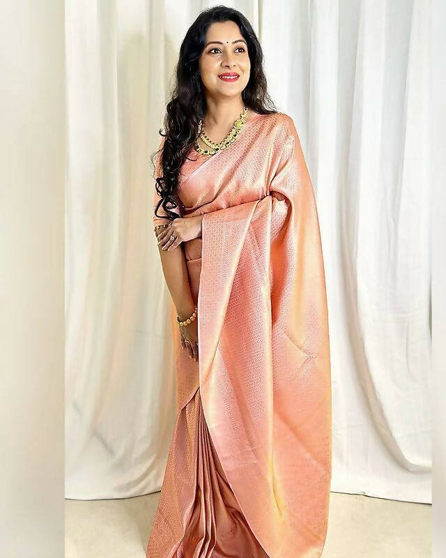 DEIANA'S Beautiful Designer Golden zari Soft Lichi Silk Saree - Peach - Swadesiicart