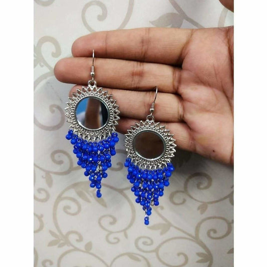 MS Fashion India Round Mirror Silver Color Design Hanging Blue Pearls Earrings | Swadesiicart