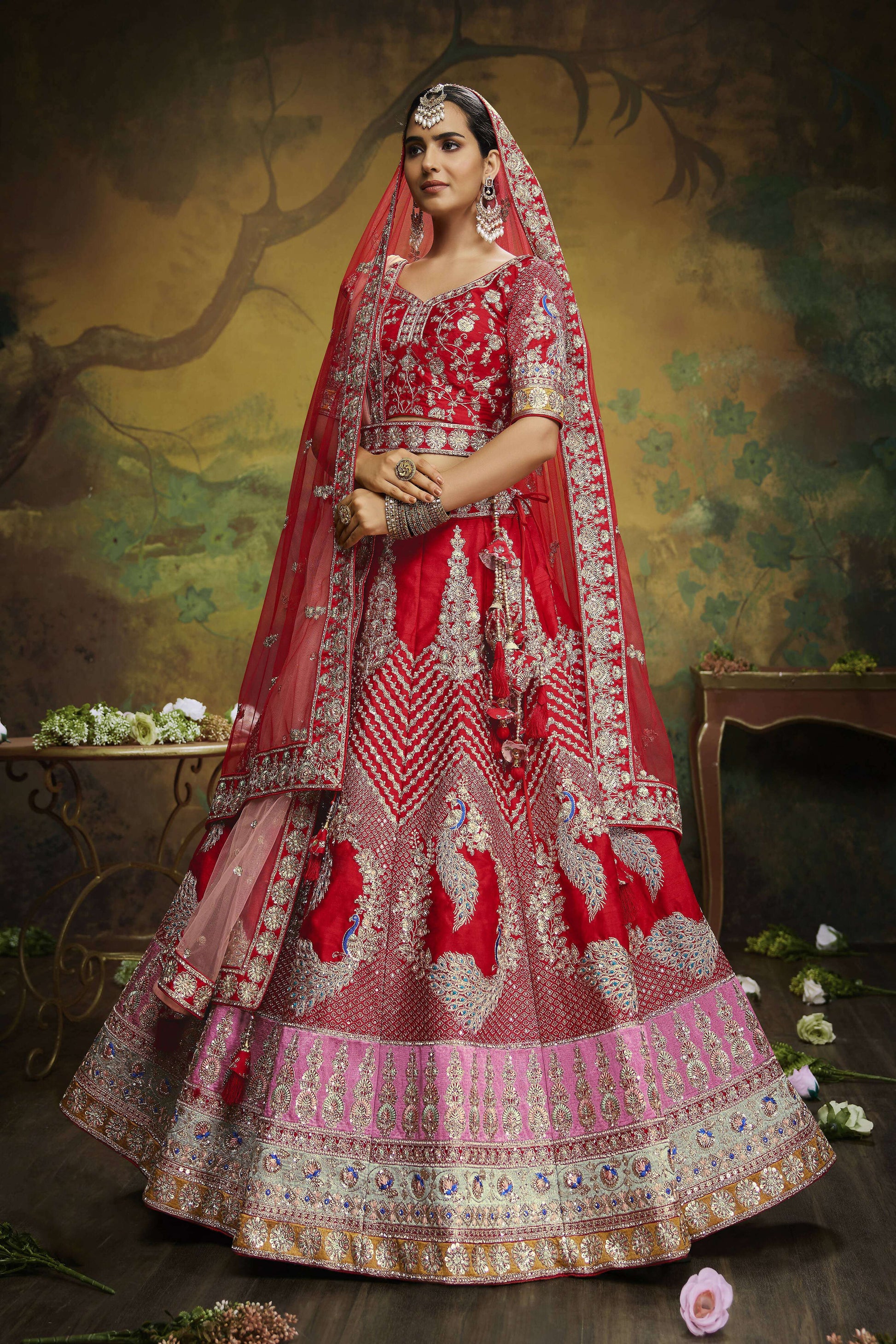 House of Panchhi Red Pure Silk Moti & Zarkan heavy embroidery Lehenga choli & Dupatta | Swadesiicart