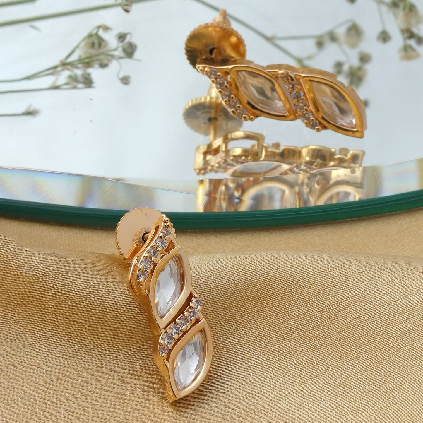 Boat Shaped Earrings with Diamond in Gold (Gold) - Ruby Raang - Swadesiicart