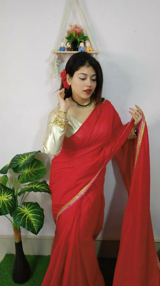 Exclusive Collection Beautiful Khadi Cotton Handloom Saree With Beautiful Zari Border - Red - Swadesiicart