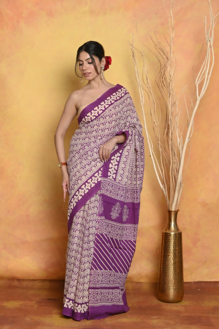 Very Much Indian Handblock Printed Cotton Saree With Natural Dyes - White | Swadesiicart