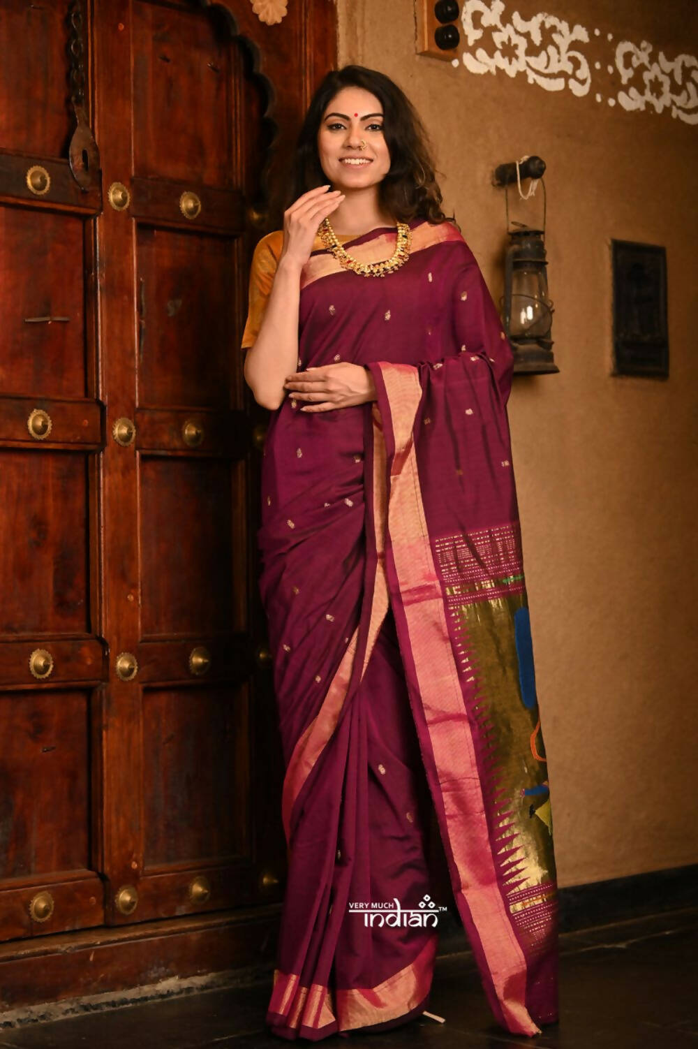 Very Much Indian Handloom Pure Cotton Paithani With Handwoven Pallu - Wine | Swadesiicart