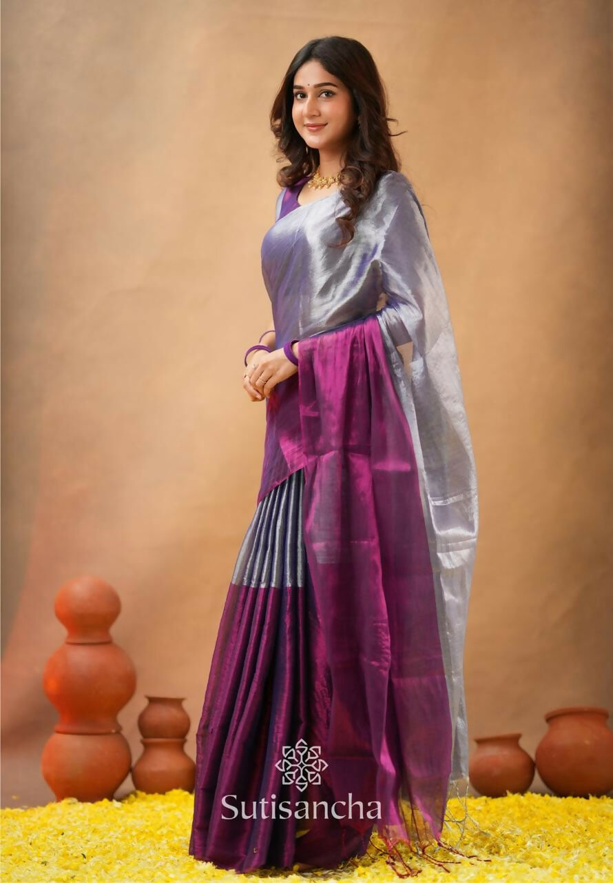 Exclusive Collection Beautiful Gray Magenta Tissue Silk Hand Weaving Handloom Saree With Running Blouse Piece - Swadesiicart