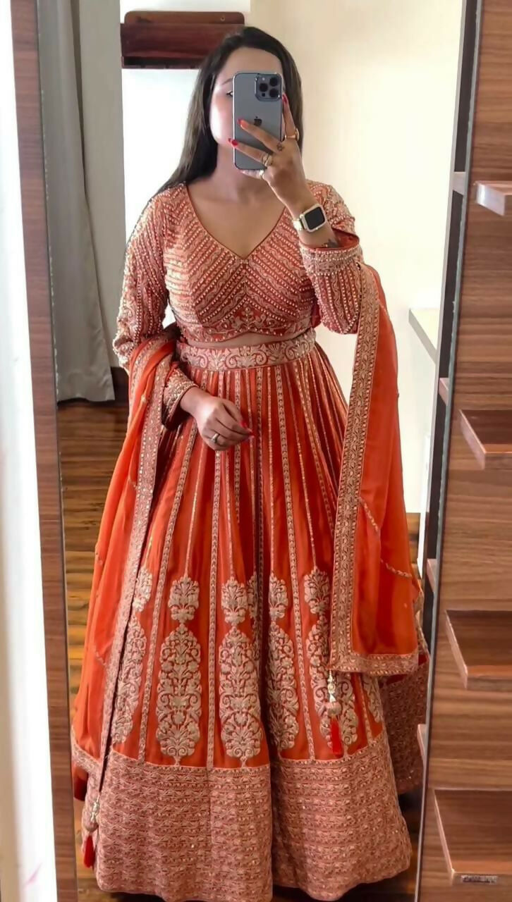 Jyoti Fashion Women's Orange Faux Georgette Sequins with Thread Embroidered Designer Lehenga Choli Set | Swadesiicart