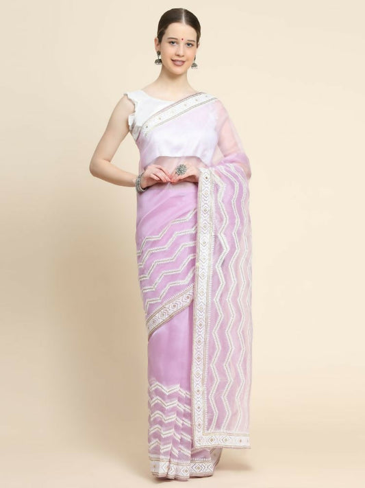 Vamsee Banno Lehriya Lavender Organza Saree - Swadesiicart