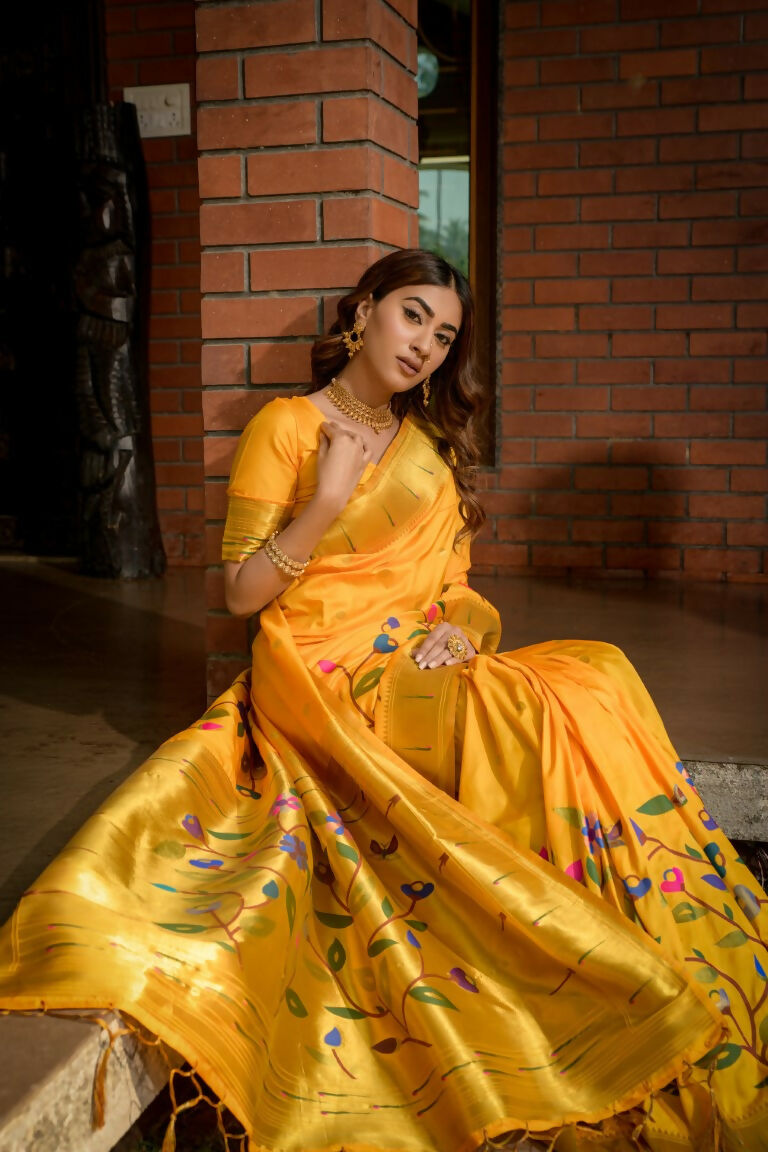 Jyoti Fashion Women's Yellow Paithani Silk Zari Woven Saree with Blouse | Swadesiicart