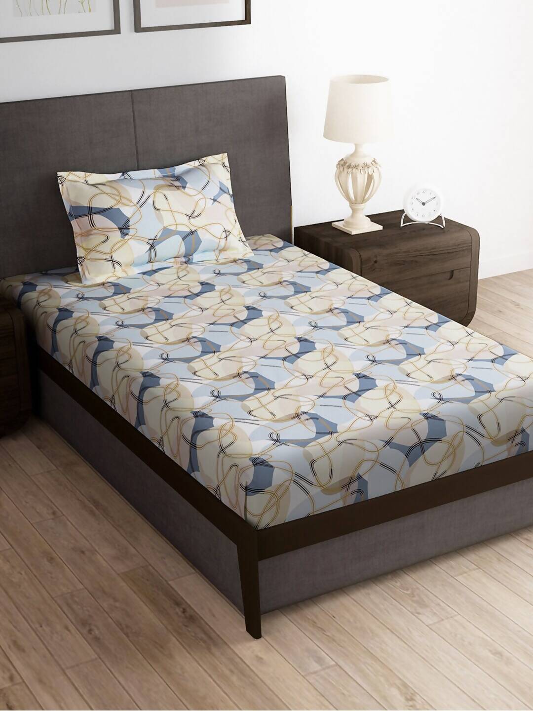 Story@home Arena Cream-Coloured & Grey Printed 180 TC Bedsheet & Pillow Covers - Swadesiicart