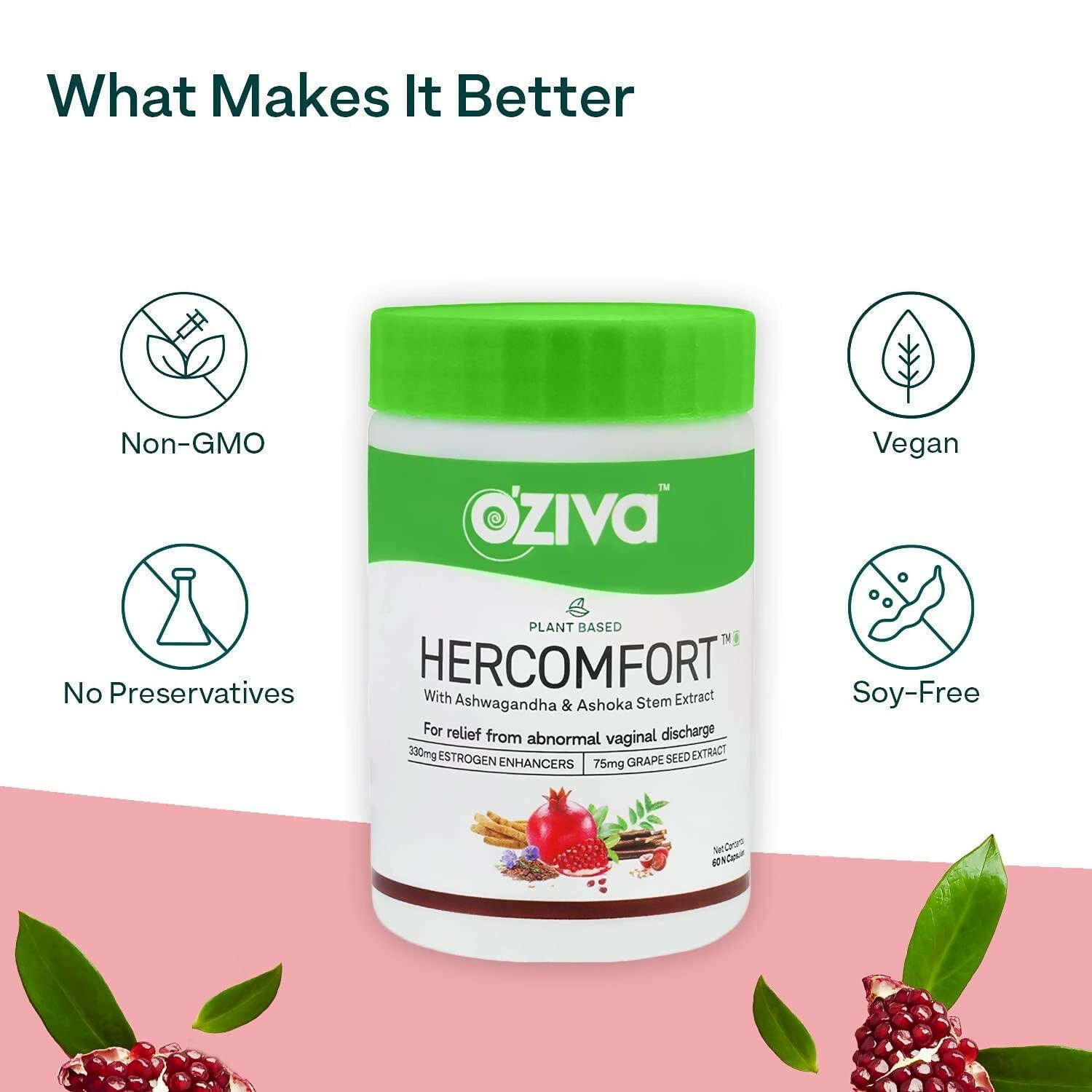 OZiva Plant Based HerComfort with Ashwagandha, Flax Seeds & Ashoka Stem Extracts Capsules - Swadesiicart