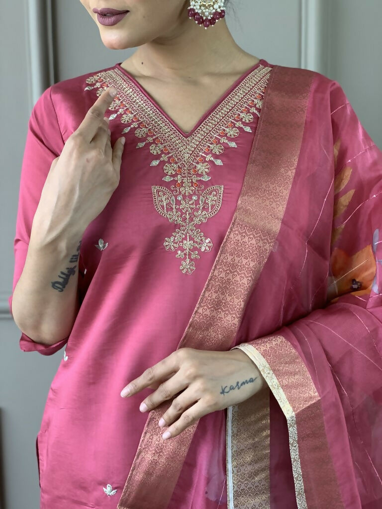 Light Pink Viscose chanderi Stitched Suit With Dupatta - Tanisha | Swadesiicart