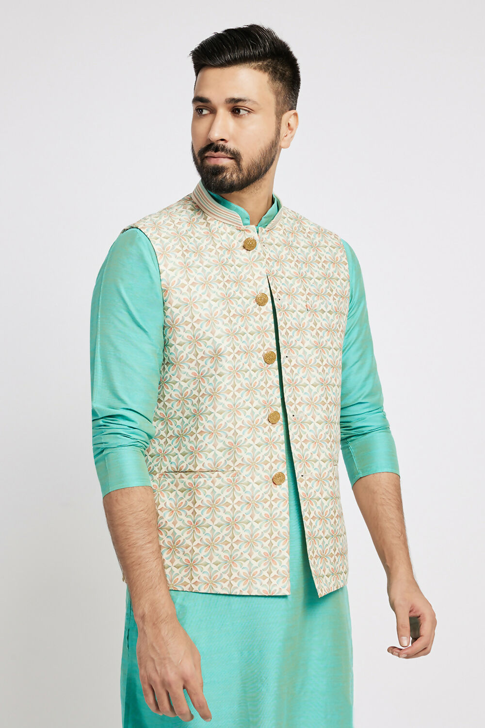 Ethnic India Light Blue Bundi Men's Jacket Abstract Polyester | Swadesiicart