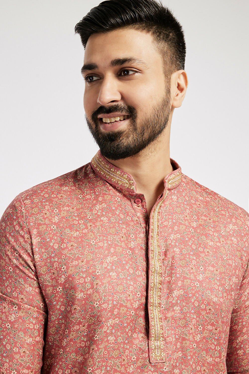 Ethnic India Pink Men's Kurta Floral Polyester | Swadesiicart