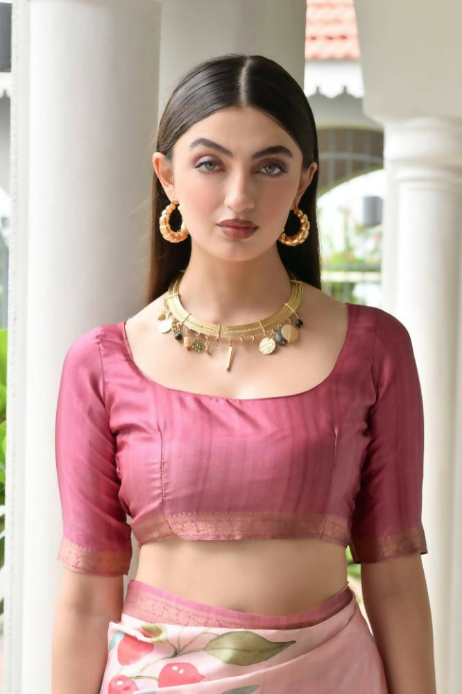 Vishnu Weaves Women's Pink Satin Silk Printed Saree with Blouse - Swadesiicart
