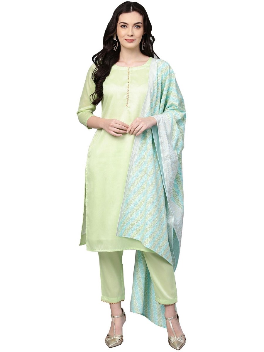 Ahalyaa Women's Sea Green Cotton Blend Solid Kurta Trouser Set With Dupatta | Swadesiicart