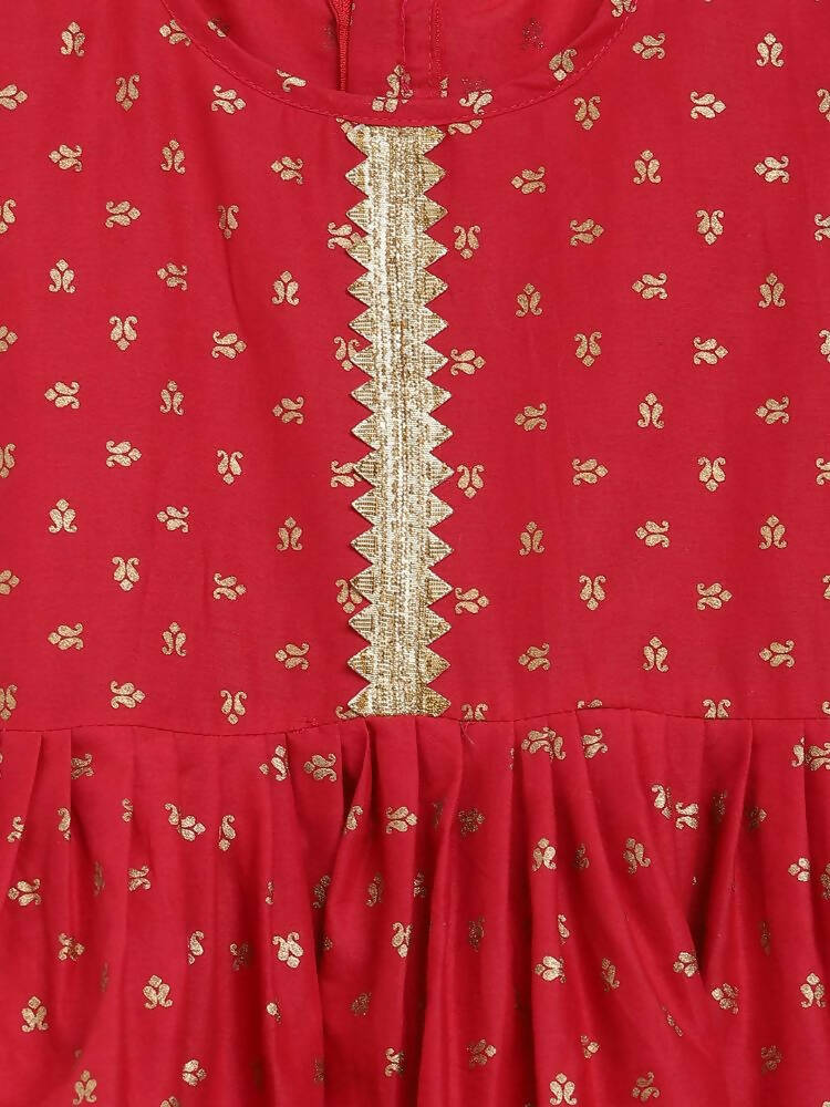Ahalyaa Red Crepe Gold Printed Kids Kurta Sharara Set For Girls | Swadesiicart