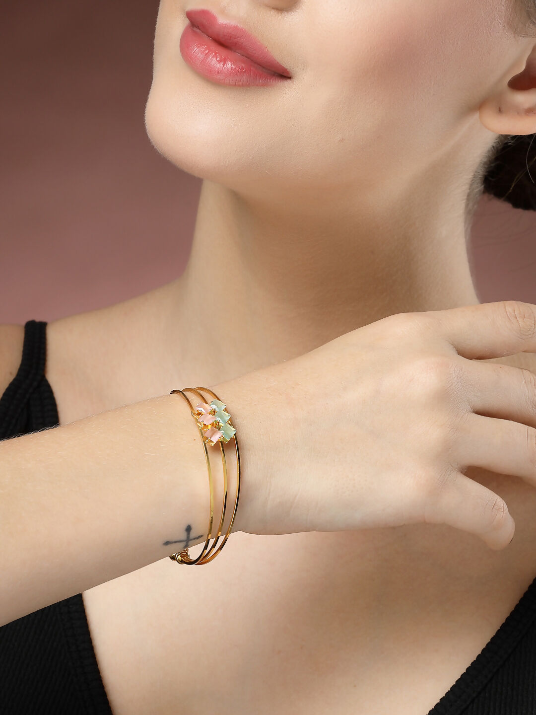 NVR Women's Gold-Polished CZ Stone-Studded Cuff Bracelet - Swadesiicart
