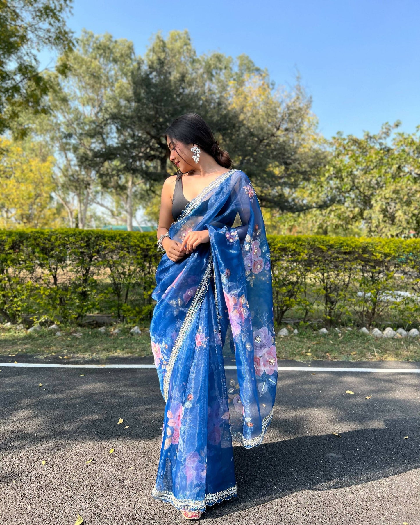 Vamsee Sia Blue Organza Saree - Swadesiicart