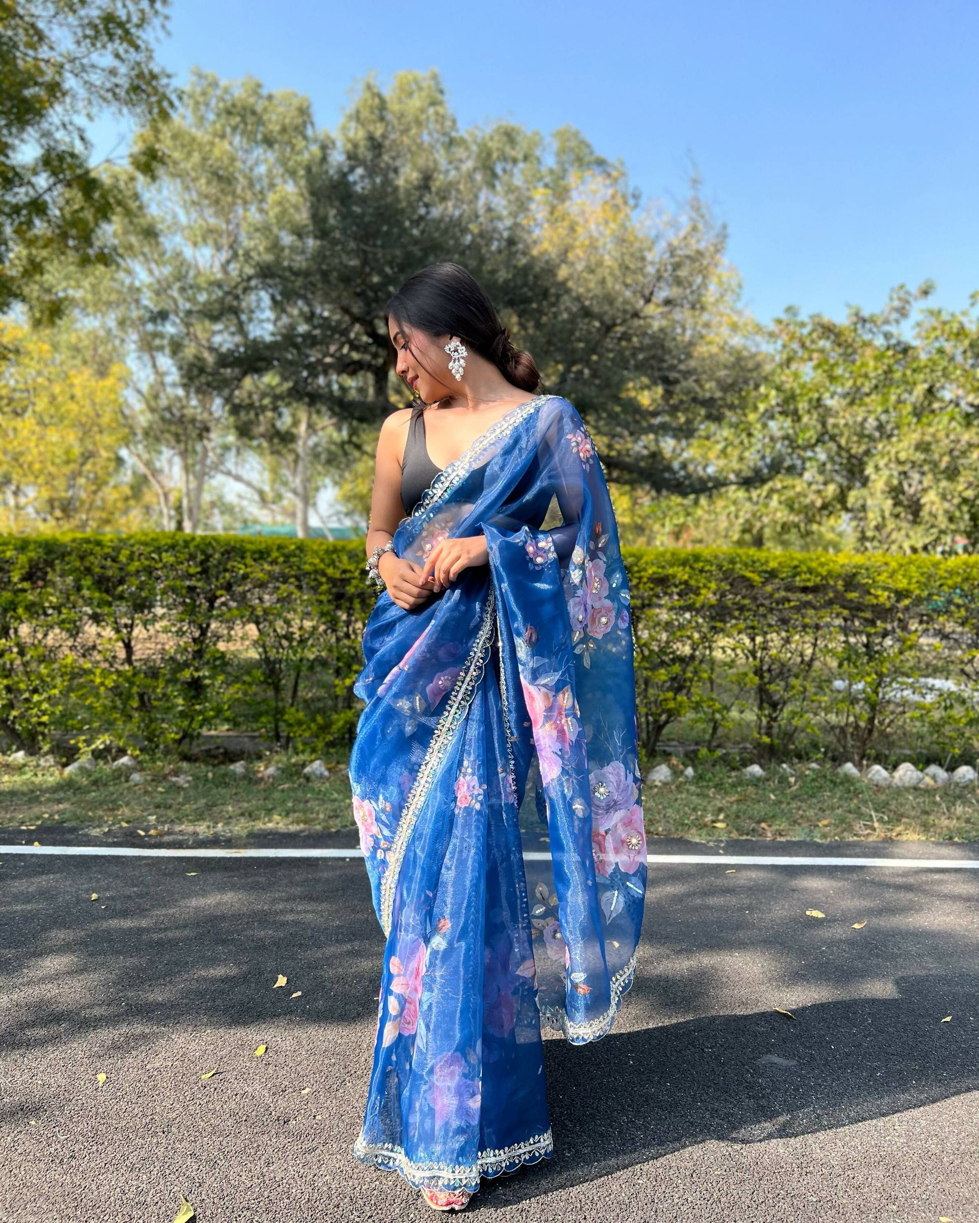 Vamsee Sia Blue Organza Saree - Swadesiicart