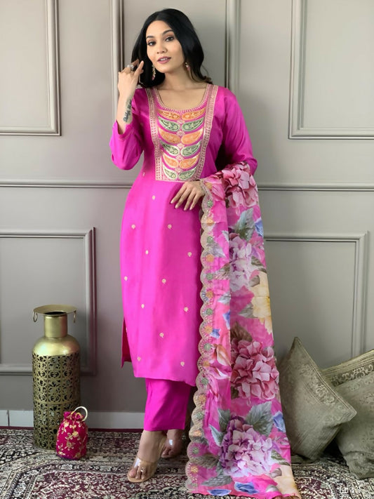 Partywear Designer Viscose Chanderi Pink Stitched Suit With Dupatta - Tanisha | Swadesiicart