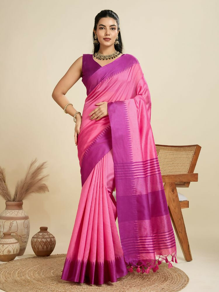 Vishnu Weaves Women's Pink Raw Silk Thread Woven Saree with Blouse - Swadesiicart