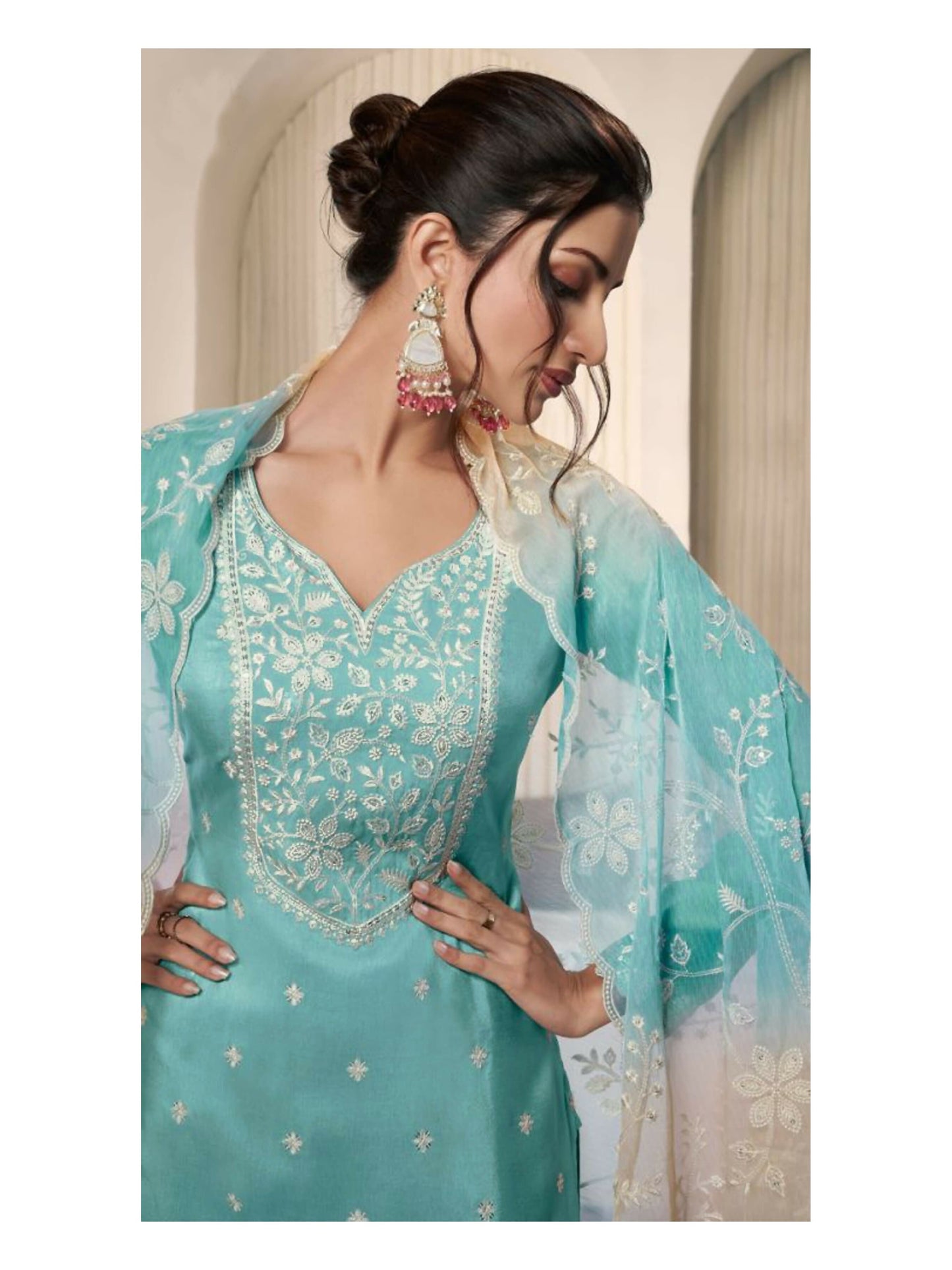 Anaita Sky Blue Moonga Silk Stitched Suit with Embroidery Sequence Work