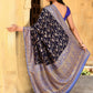 Joban Fashion Navy Blue Crepe Chiffon Pure Handloom Banarasi Silk Saree | Swadesiicart