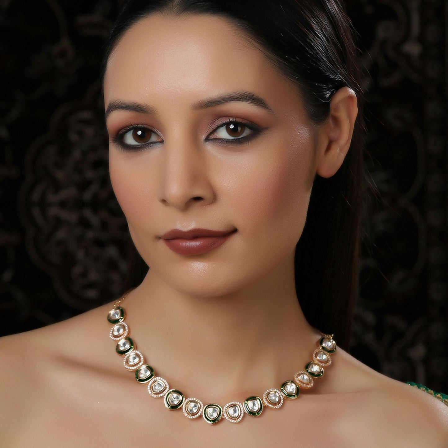 Kundan and Diamond Neckpiece with Meenakari (Gold) - Ruby Raang | Swadesiicart