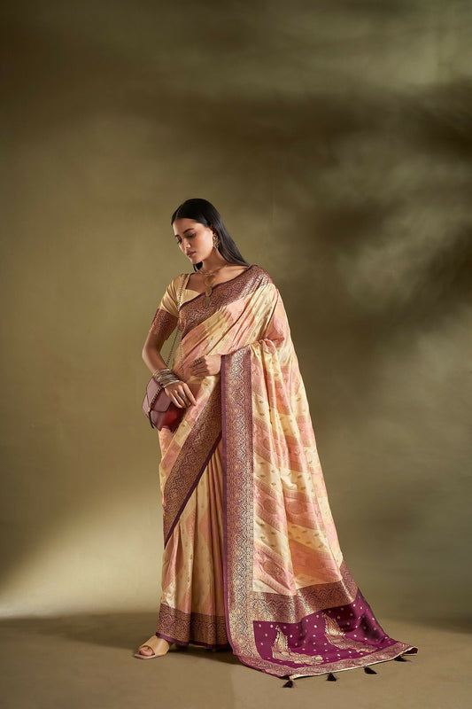 Joban Fashion Cream & Light Pink Plain With Weaving Border Banarasi Silk Sarees | Swadesiicart