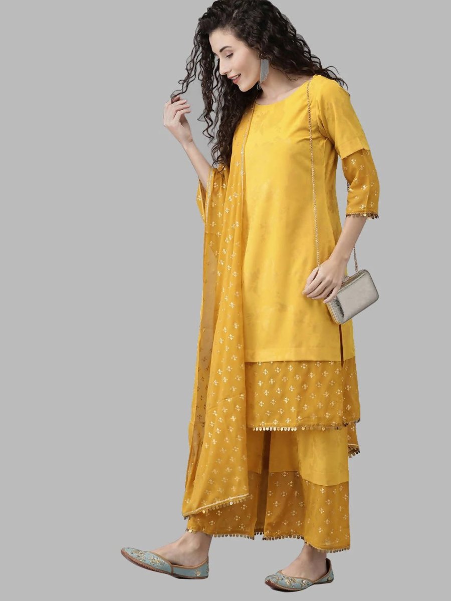Ahalyaa Women Mustard Crepe Printed Kurta Palazzo Set With Dupatta | Swadesiicart