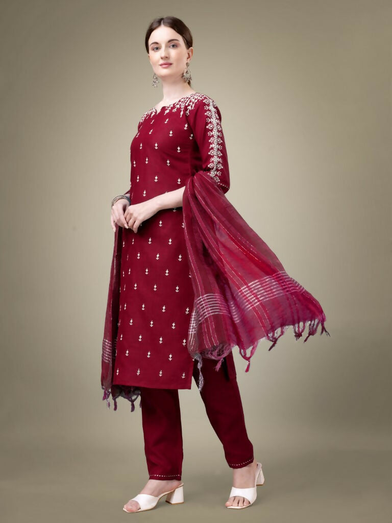 Jyoti Fashion Women's Maroon Cotton Blend Embroidery & Sequence work Kurta with Trouser & Dupatta | Swadesiicart