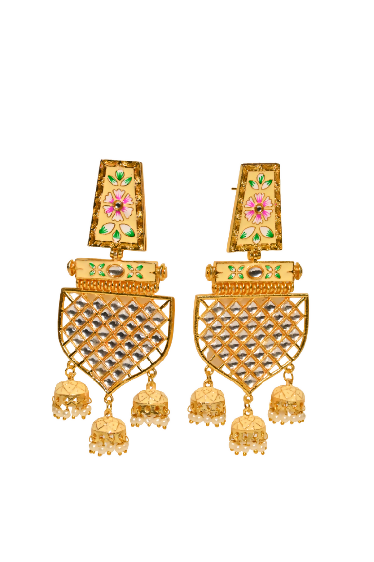 Beige Traditional Gold-Polished Meenakari Jhumka Jhumki Earrings Indian Jewellery For Women Girls By House of Ree - Swadesiicart