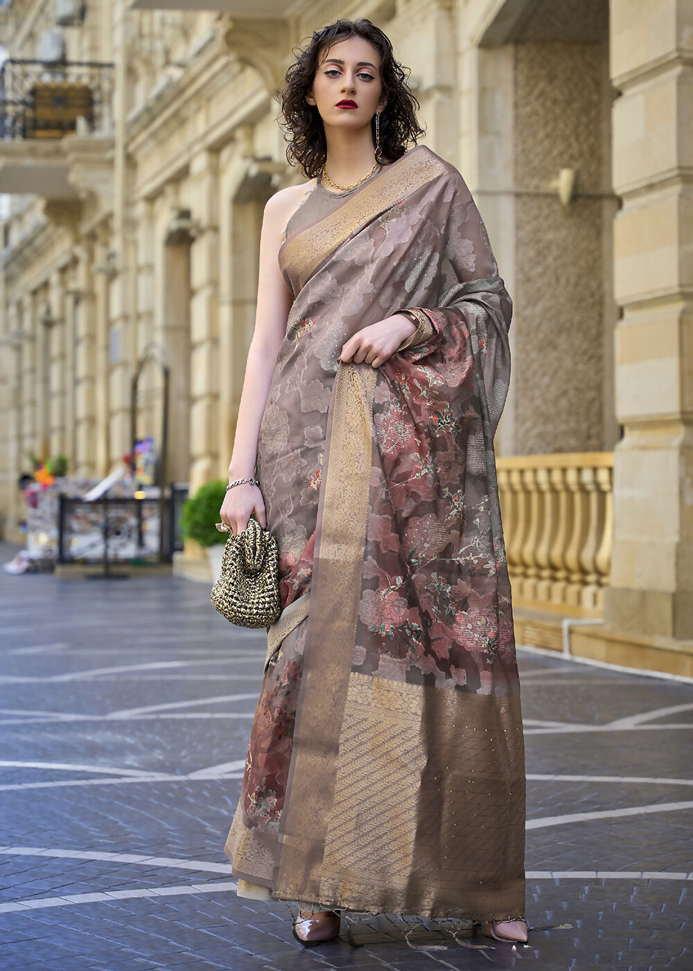 Lovely Brown & Grey Polly Brasso Designer Saree - Emponline | Swadesiicart