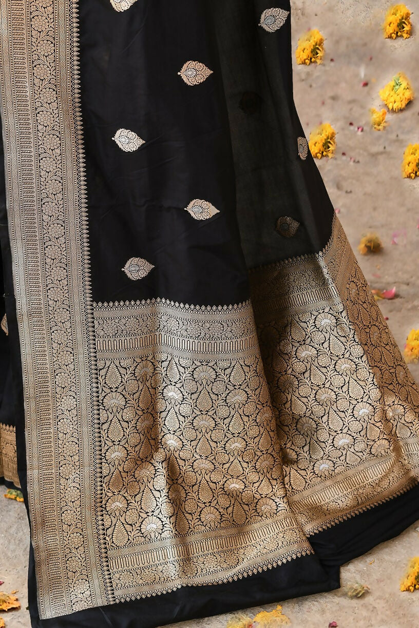 Joban Fashion Black Pure Katan Pure Handloom Banarasi Silk Saree | Swadesiicart
