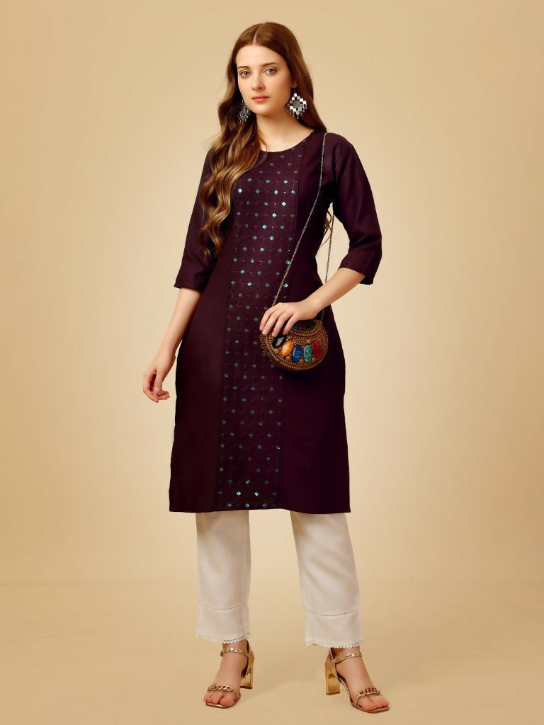 Jyoti Fashion Women's Wine Cotton Blend Embroidered Kurta Pant Set - Swadesiicart