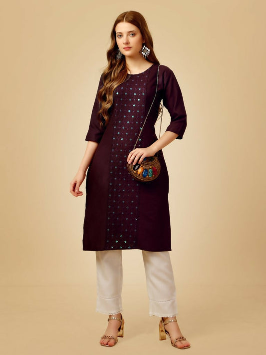 Jyoti Fashion Women's Wine Cotton Blend Embroidered Kurta Pant Set - Swadesiicart