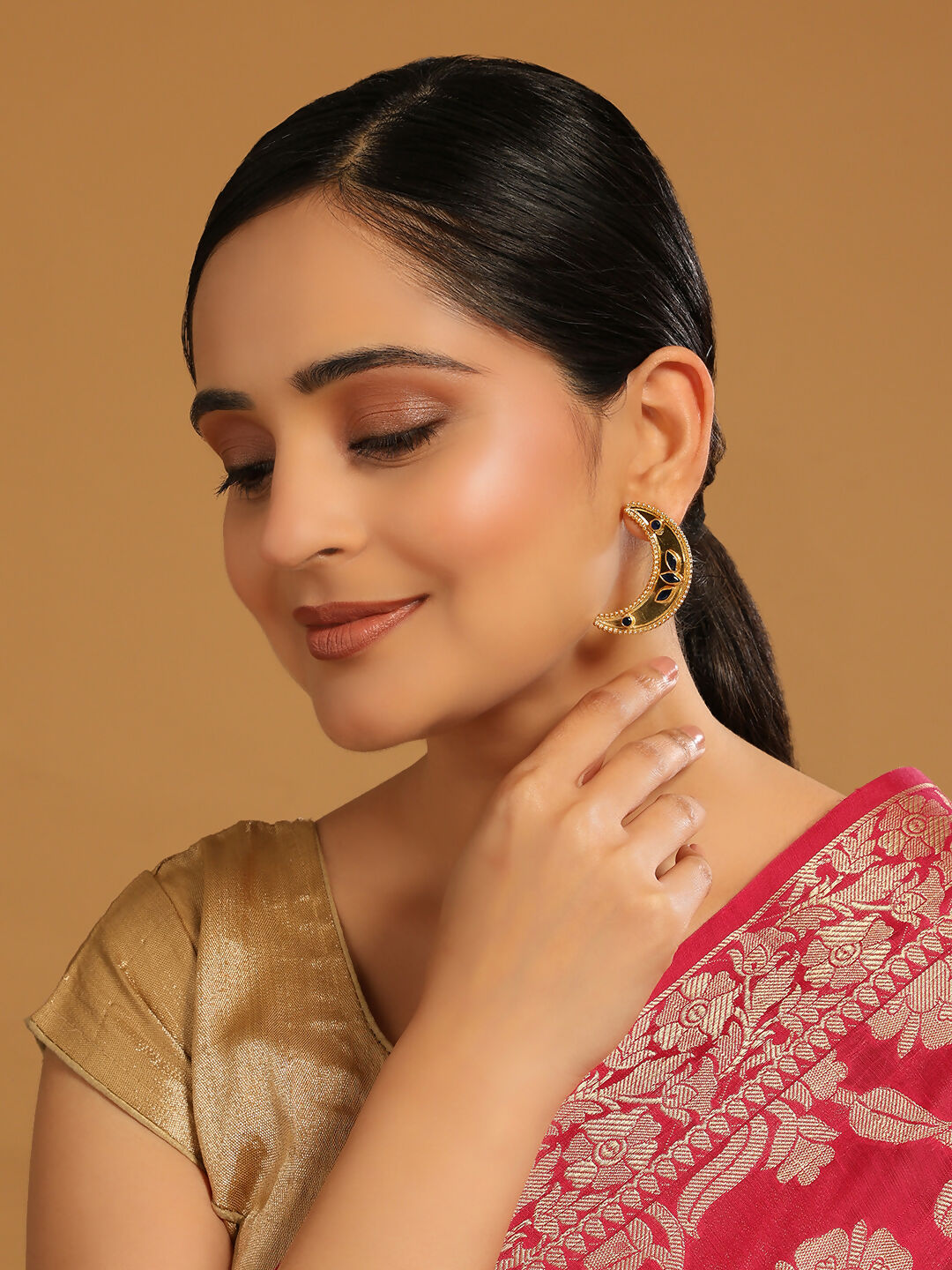 Nuyug 22K Gold-Plated Stone Studded Crescent Shaped Stud Earrings | Swadesiicart