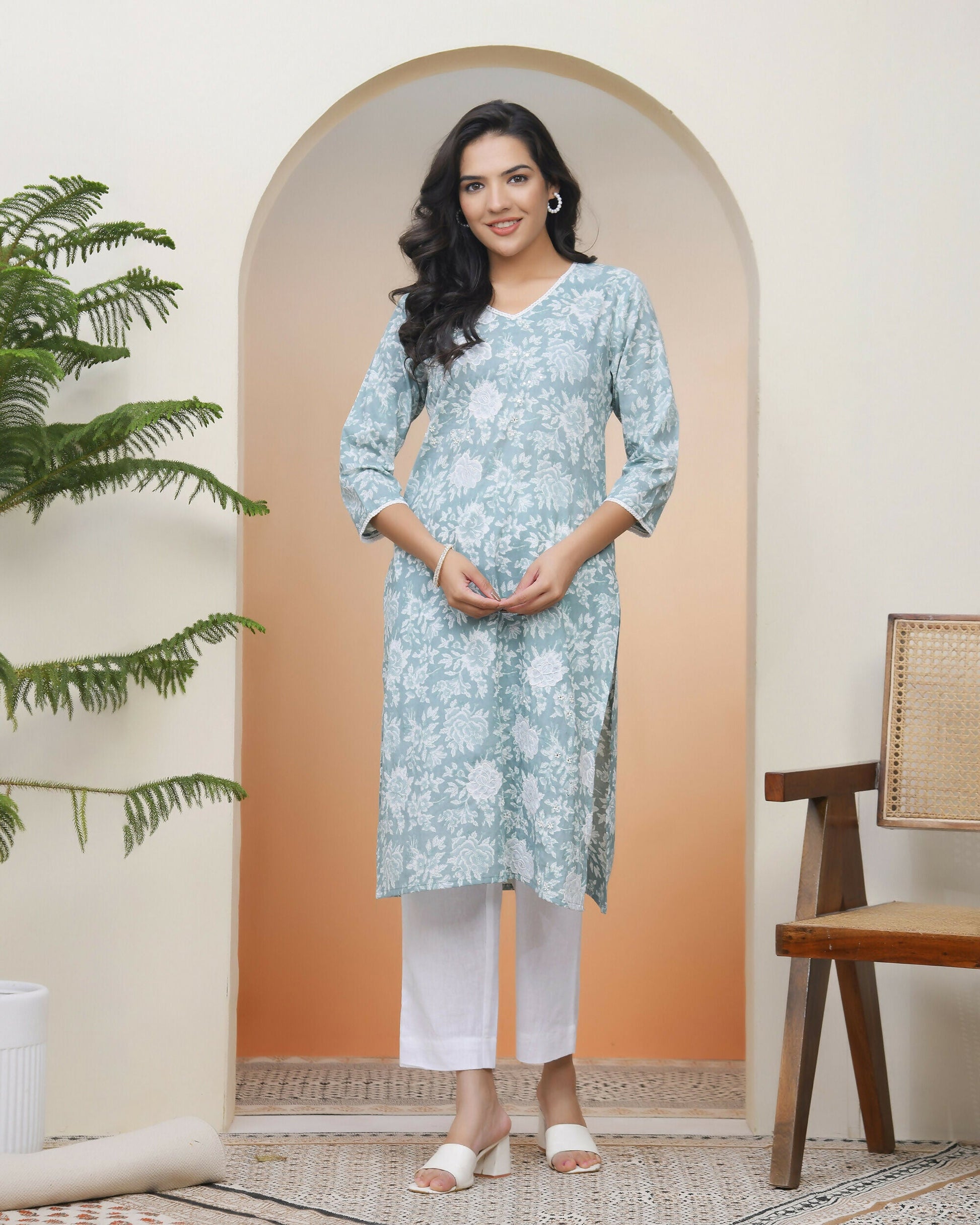 Vaasva Women Mint Cotton Printed Straight Kurti With Pant | Swadesiicart
