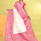 Joban Fashion White & Rani Pink Plain With Weaving Border Banarasi Silk Sarees | Swadesiicart