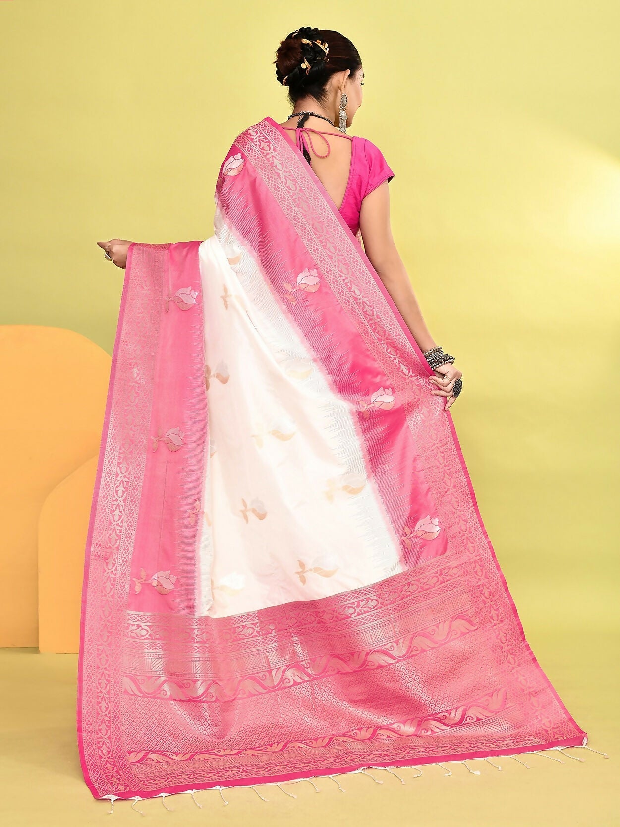 Joban Fashion White & Rani Pink Plain With Weaving Border Banarasi Silk Sarees | Swadesiicart