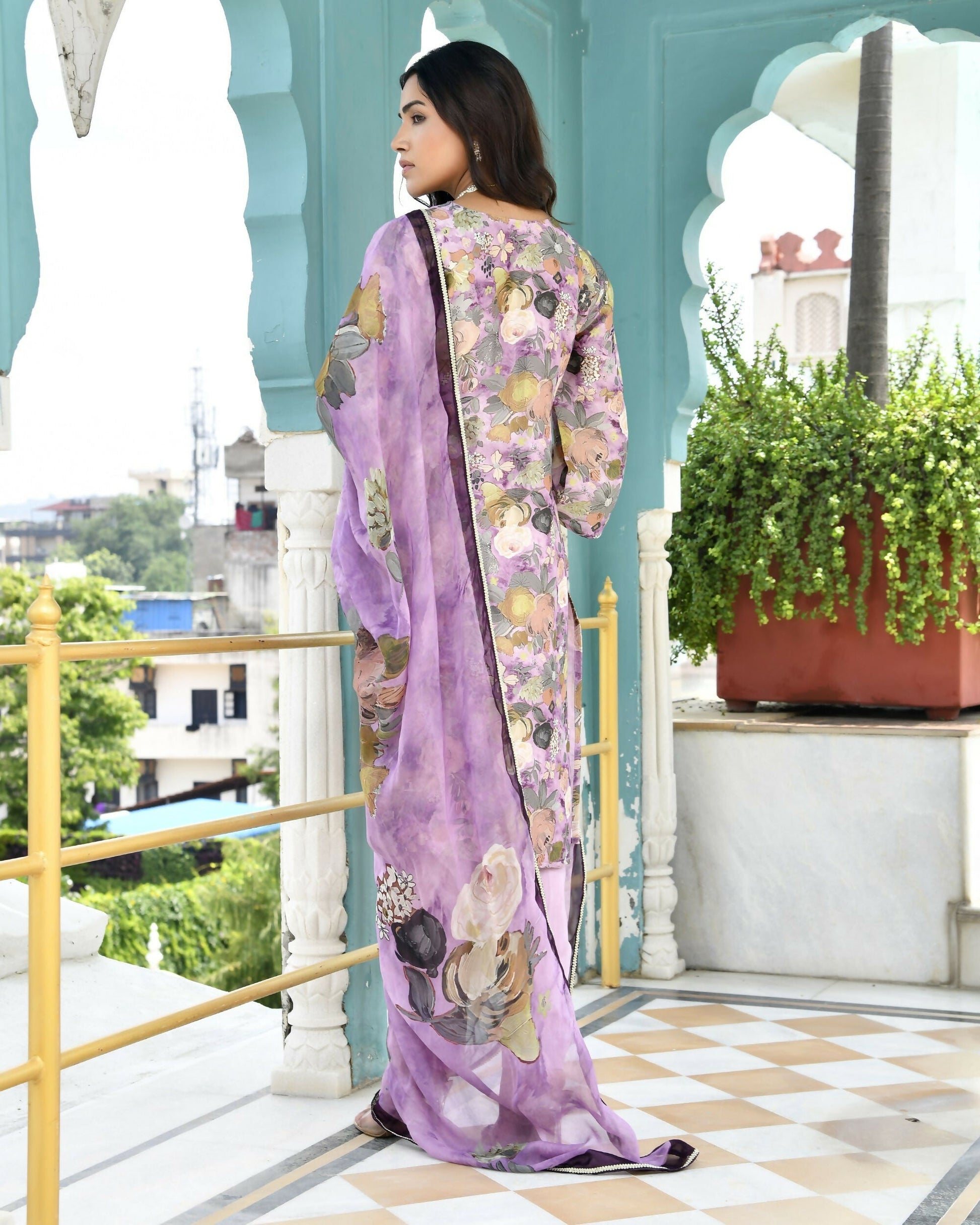 Vaasva Women's Purple Tissue Gota Embroidered Suit Set With Solid Pant And Embroidered Dupatta | Swadesiicart