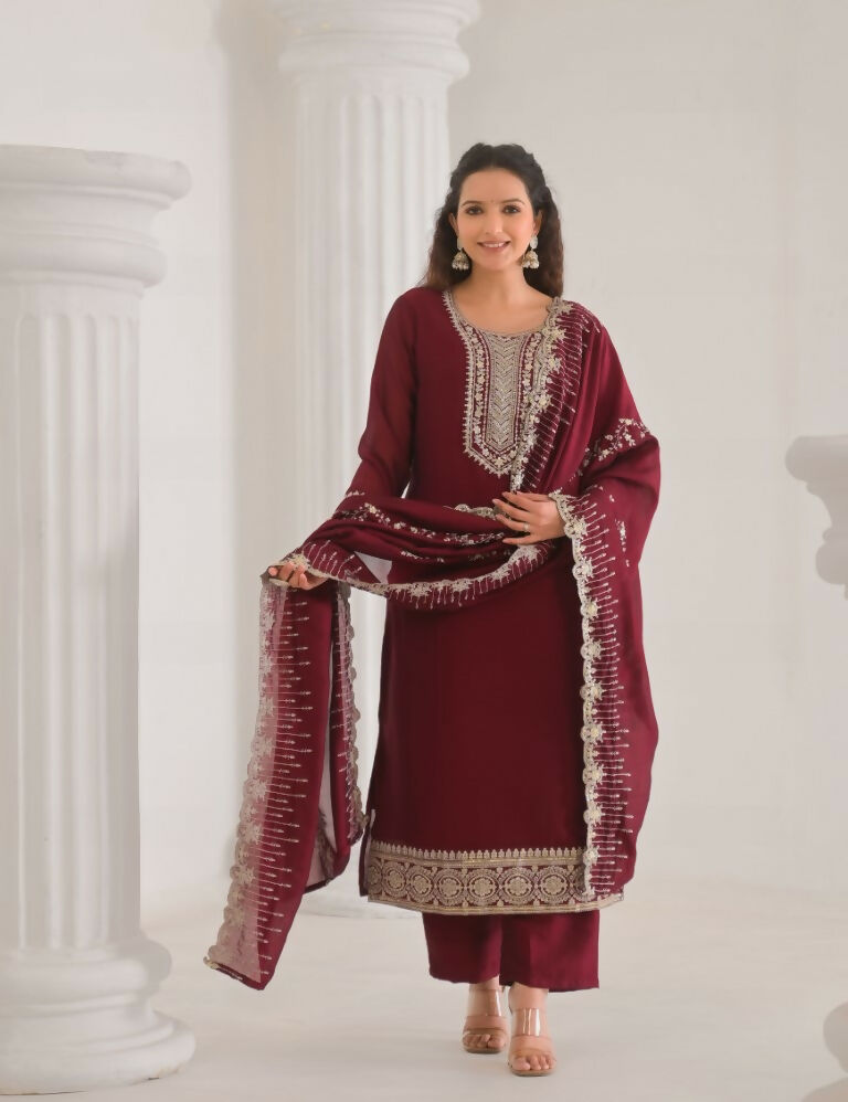 Ethnic Festive Wear Vichitra Silk Wine Stitched Suit With Dupatta - Tanisha | Swadesiicart