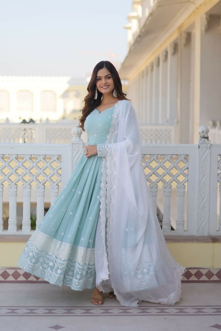 Jyoti Fashion Women's Turquoise Faux Georgette Sequins Thread Embroidery Anarkali Dress with Dupatta | Swadesiicart