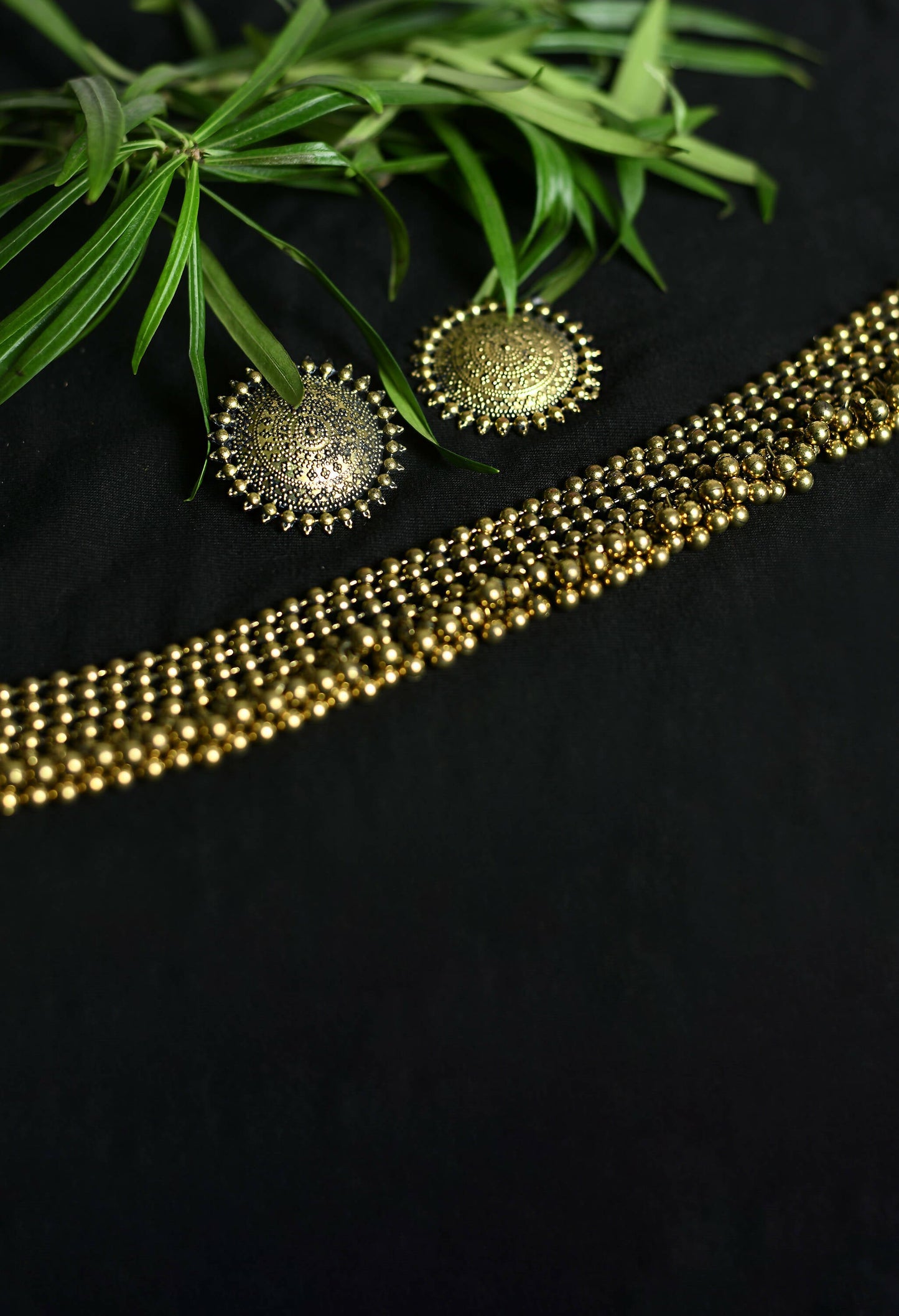 Mominos Fashion Johar Kamal Oxidised Gold-Polished Brass Finish Ghungroo Design Choker Set | Swadesiicart