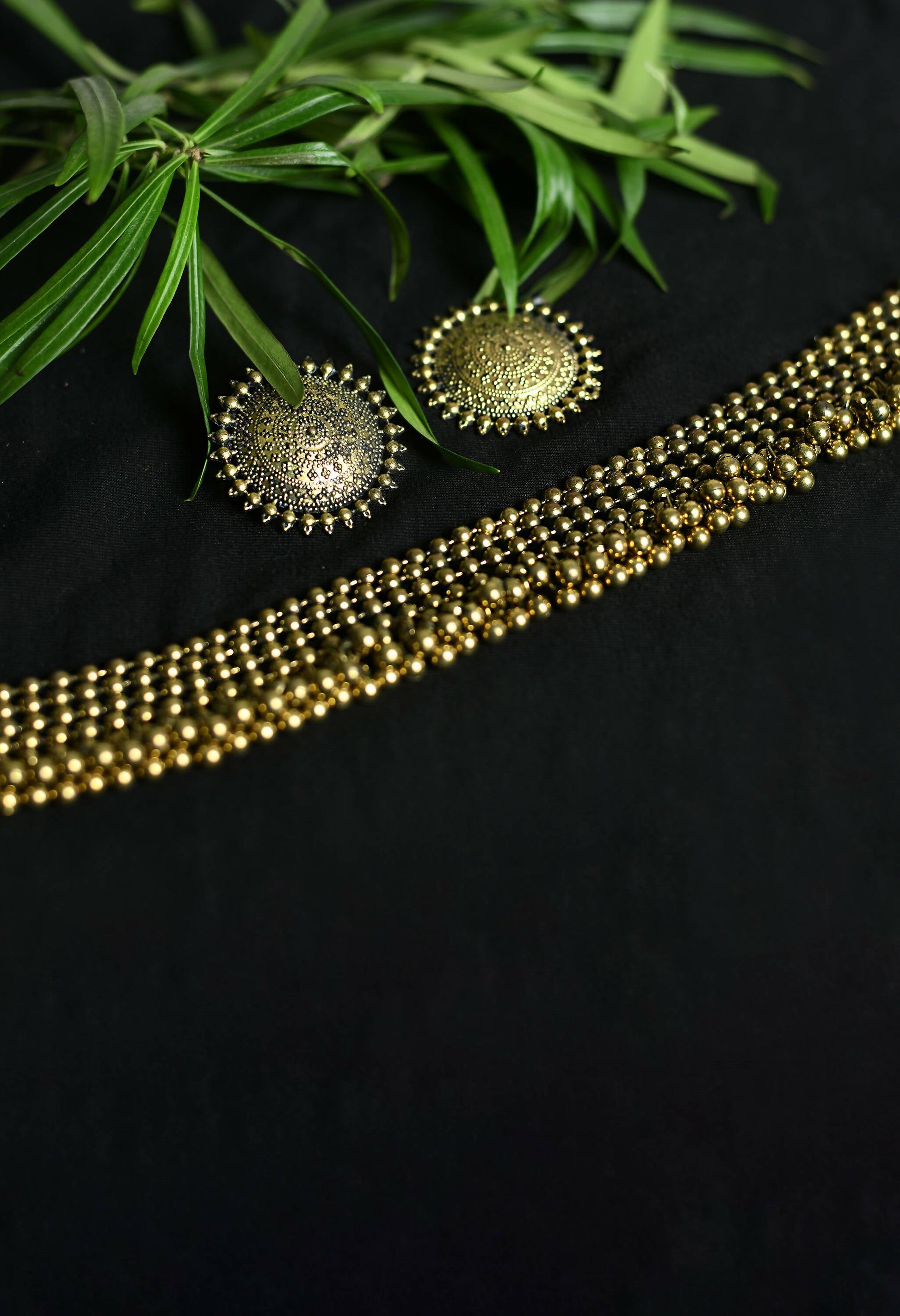 Mominos Fashion Johar Kamal Oxidised Gold-Polished Brass Finish Ghungroo Design Choker Set | Swadesiicart