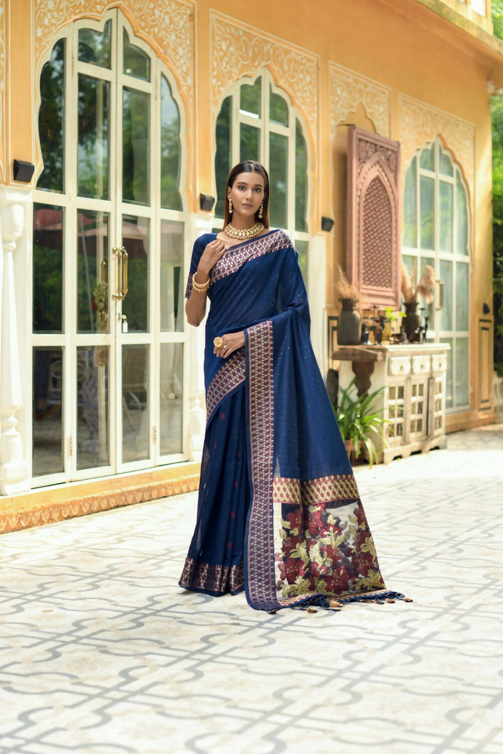 Vishnu Weaves Women's Blue Cotton Silk Zari Woven Butta Work Saree with Blouse - Swadesiicart