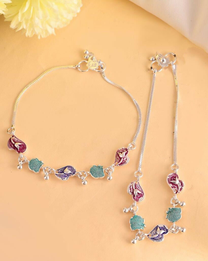 VOJ Set of 2 Silver Plated Designer Multi Color Anklet - Swadesiicart