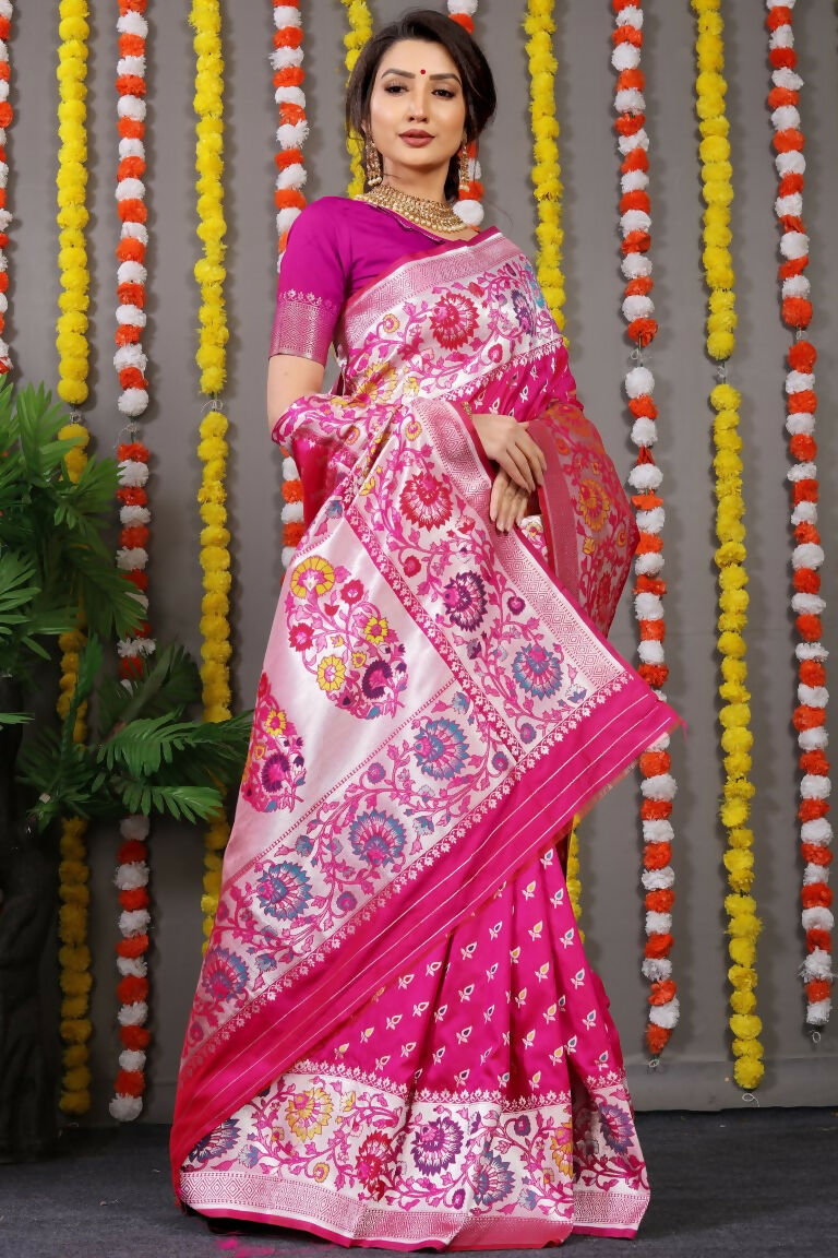 Jyoti Fashion Women's Rani Pink Banarasi Silk Zari Woven Saree with Blouse | Swadesiicart