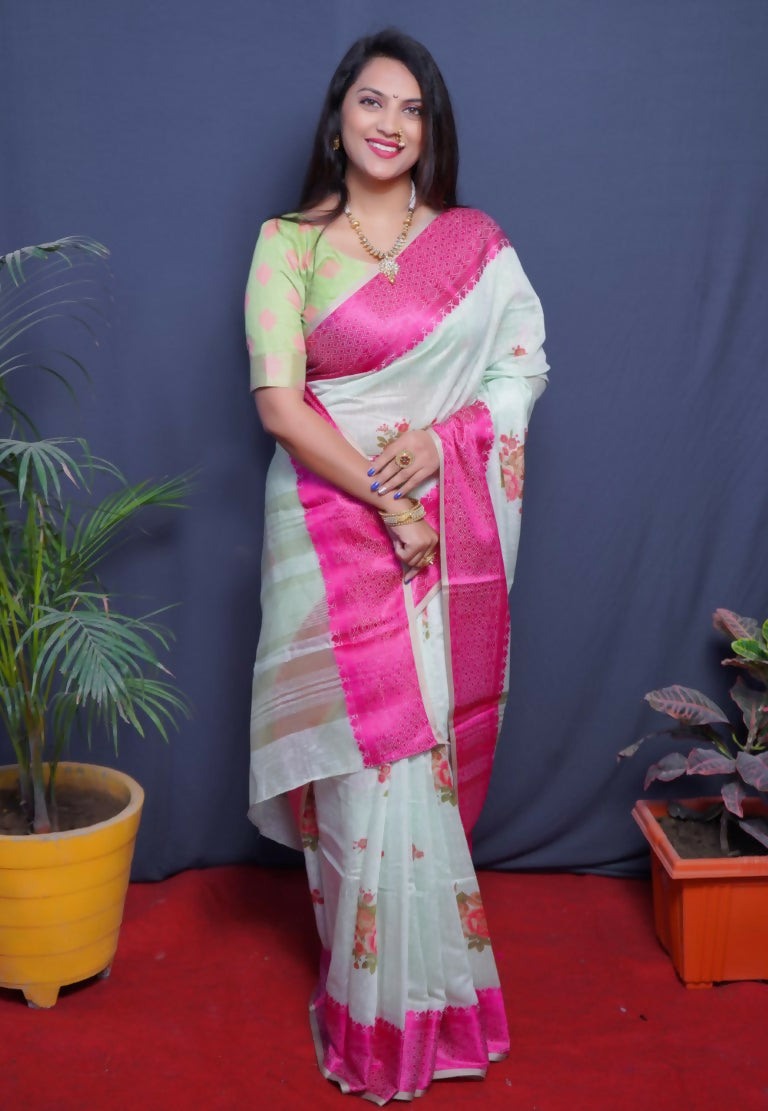 Jyoti Fashion Women's Magenta Linen Silk Digital Print with Jacquard Woven Border Saree with Blouse | Swadesiicart