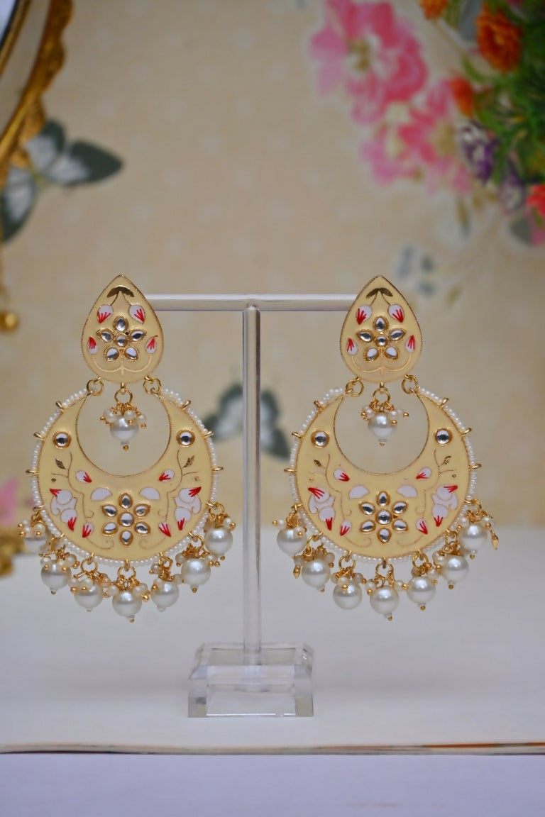 Cream Gold-Polished Brass & Pearl Dangle Women Earrings| Hand Painted Meenakari Chandbali Traditional Ethnic Wear Earrings By House of Ree - Swadesiicart